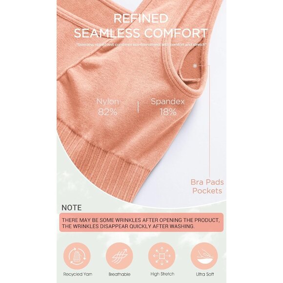 Women's Stone Washing Orange Square Neck Low Back Ribbed Cropped Sports Bra - Picture 5 of 5